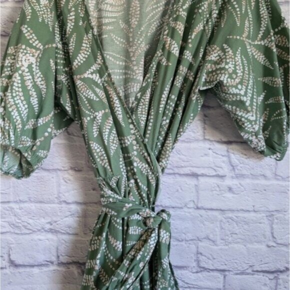 Summersalt The Coastal Poplin Puff Sleeve Wrap Midi Dress 2XL Green White Preppy - Picture 4 of 7